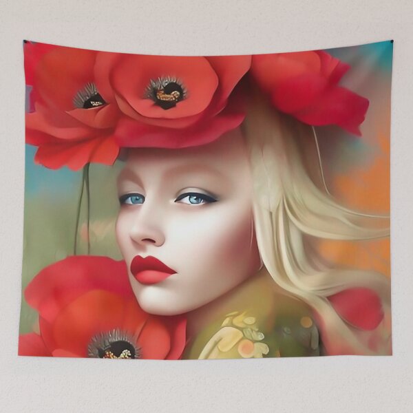 Item preview, Dreamy floral pop art of a cute girl with red poppies designed and sold by ZiolaRosa.