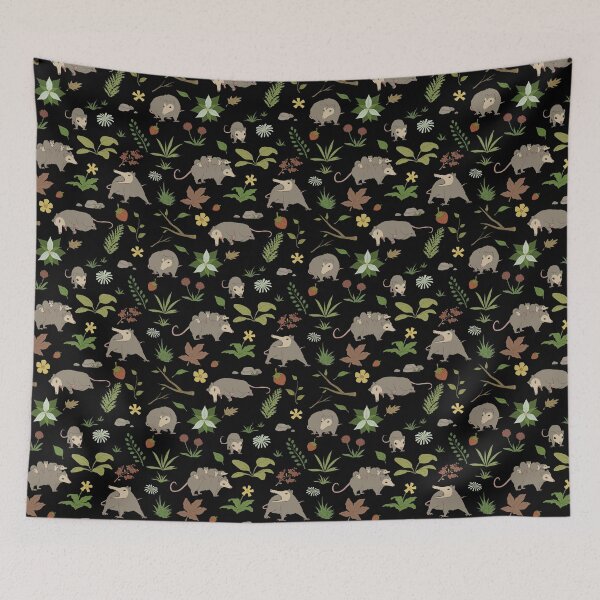 Item preview, Possums in a Berry Field Pattern on Black designed and sold by PaperRain.
