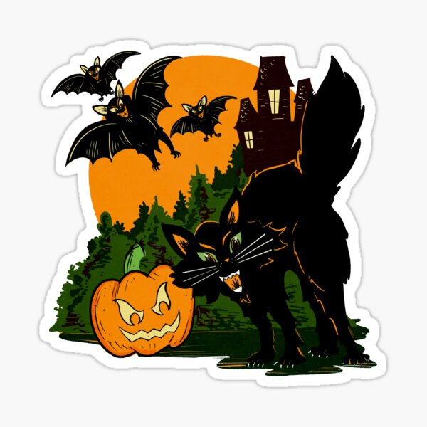 Retro Halloween Black Cat Haunted House Sticker