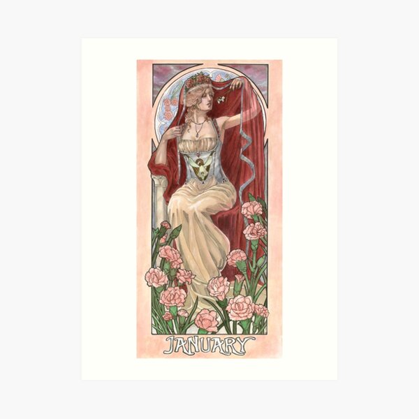 Veiled Lady of January with Pink Carnations and Snowdrop Birth Flower Corset Mucha Inspired Birthstone Series Art Print