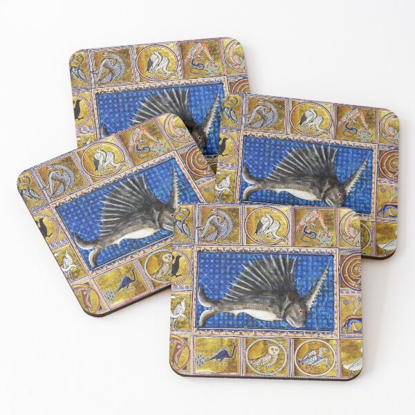 Item preview, MEDIEVAL BESTIARY,UNICORN FISH, MYTHICAL ANIMALS IN GOLD RED BLUE COLORS designed and sold by BulganLumini.
