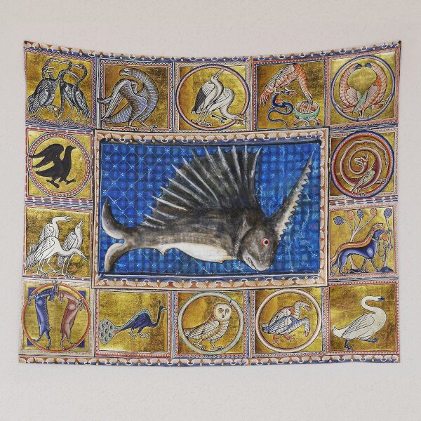 Item preview, MEDIEVAL BESTIARY,UNICORN FISH, MYTHICAL ANIMALS IN GOLD RED BLUE COLORS designed and sold by BulganLumini.