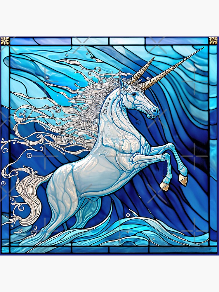 Fantasy Stained Glass Art: Double Horned Unicorn Splashing Water