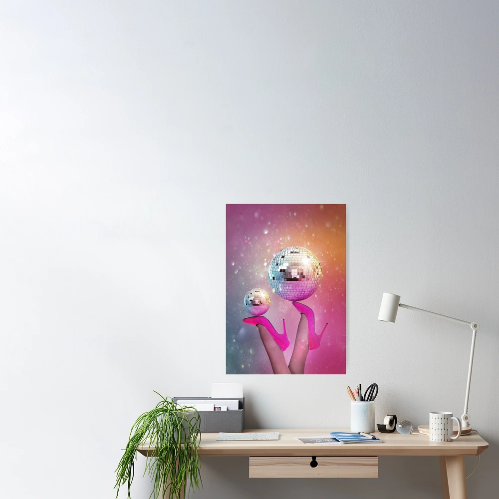 Framed Canvas Art (White Floating Frame) - Disco Ball Pink Party by Mark Ashkenazi ( Decorative Elements > Disco Balls art) - 26x26 in