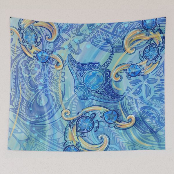Artikelvorschau, Blue Tribal Mantarochen und Schildkröten Ocean Spray Aquarell 3500 entworfen und verkauft von sunnthreads.