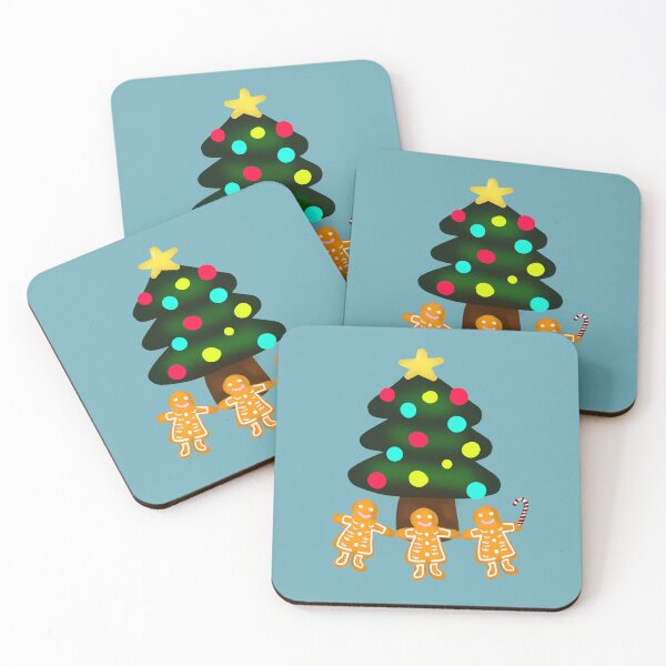 Item preview, Three Gingerbread Men Under Merry Christmas Tree with Candy Cane with Light Blue Background designed and sold by Karen Ekdahl.
