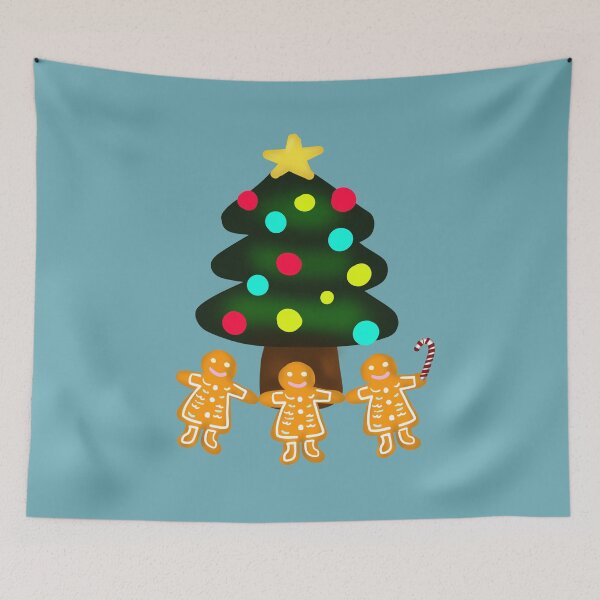 Item preview, Three Gingerbread Men Under Merry Christmas Tree with Candy Cane with Light Blue Background designed and sold by Karen Ekdahl.