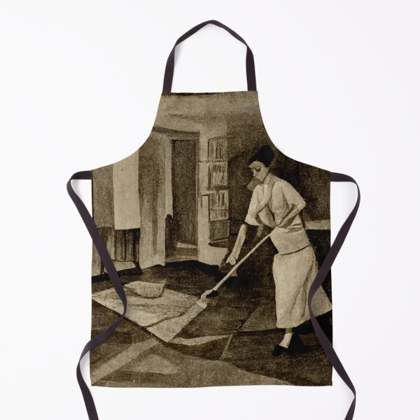 Artikelvorschau, Vintage Sepia-Grafik einer Frau aus den 1950er Jahren, die ihr Haus fegt. entworfen und verkauft von liana campbell.