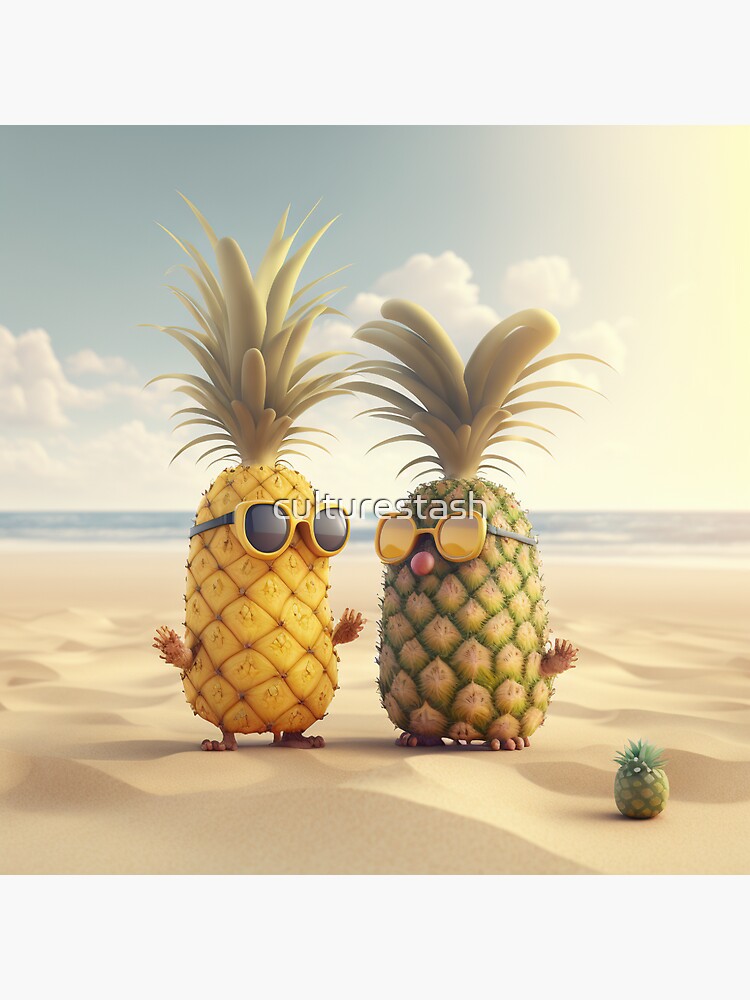 "Pineapple Couple on Beach swinging pineapples," Sticker for Sale by