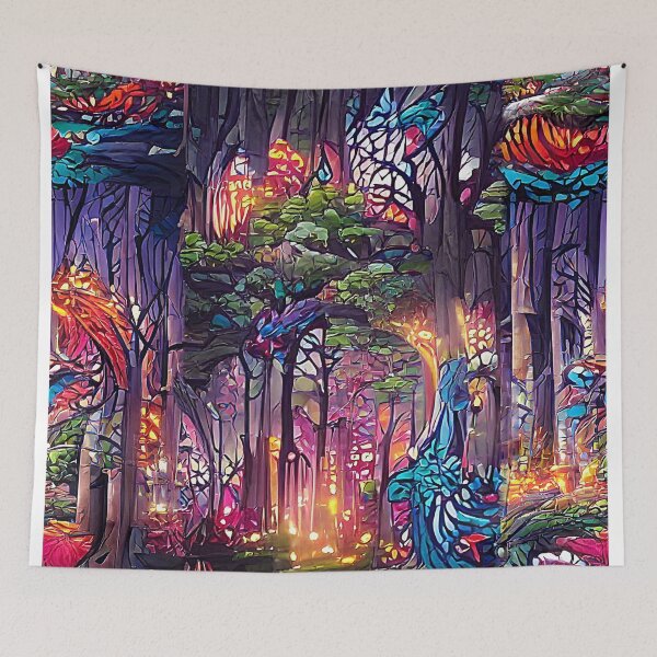 Item preview, stained glass, magical forest, atmosphere, mystery, abstract art, optimism, multicolor, glow, floral print, surrealism designed and sold by Maria Mihailova.