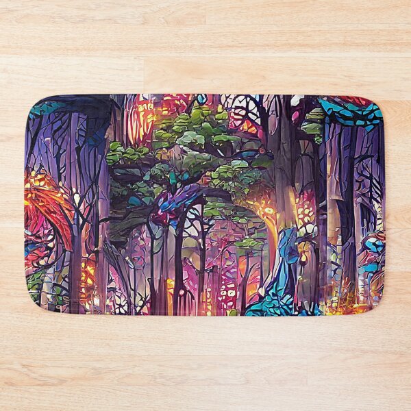 Item preview, stained glass, magical forest, atmosphere, mystery, abstract art, optimism, multicolor, glow, floral print, surrealism designed and sold by Maria Mihailova.