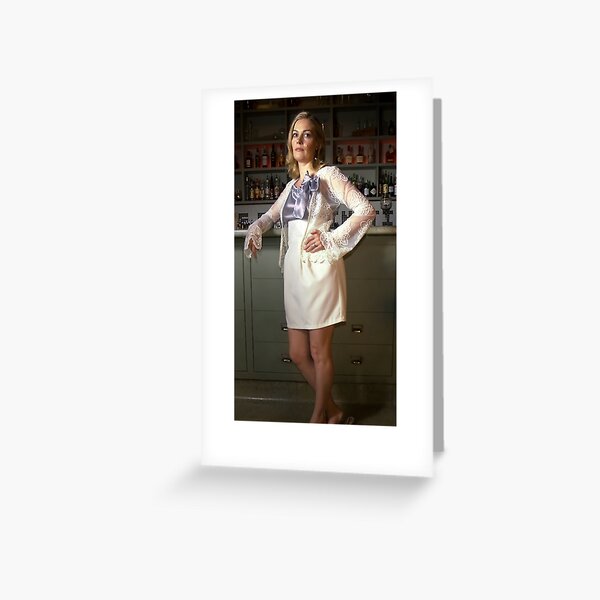 Bridget in 'Lace Cardigan, Tulip skirt and Silk Cotton Singlet with hailspots and Bow' Greeting Card
