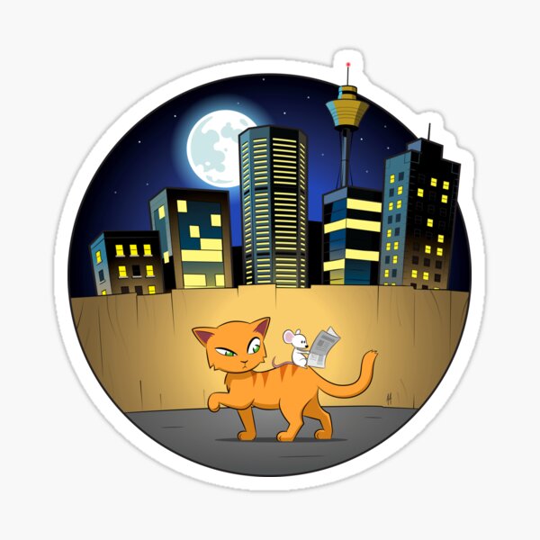 Step On It Kitty Cat! - A Mouse Hitches a Ride On the Back of a Cat Sticker