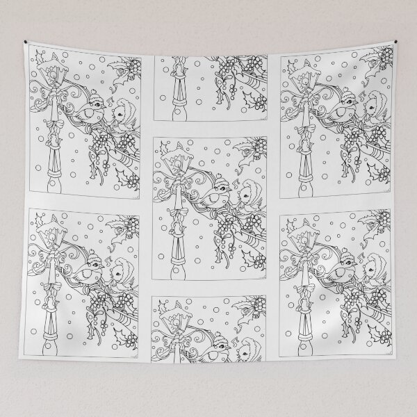 Item preview, birds on snow tree branch,mistletoe and lamp post.perfect christmas vintage colorable design designed and sold by SimiRaghavan.