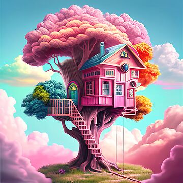 Pink fantasy treehouse in the clouds | Metal Print