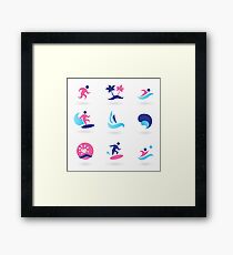 Beach icons blue with pink Framed Print