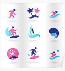 Beach icons blue with pink Poster