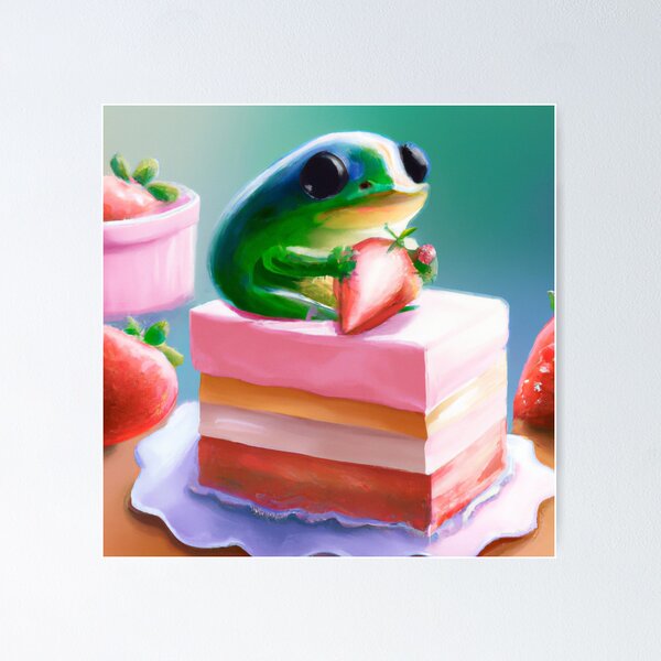 Item preview, Kawaii frog sitting on a luxurious strawberry cake in spring designed and sold by DeVeauDesign.