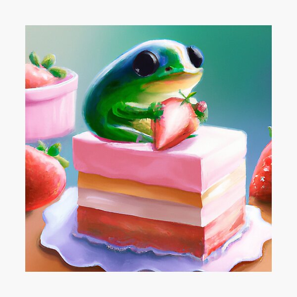 Item preview, Kawaii frog sitting on a luxurious strawberry cake in spring designed and sold by DeVeauDesign.