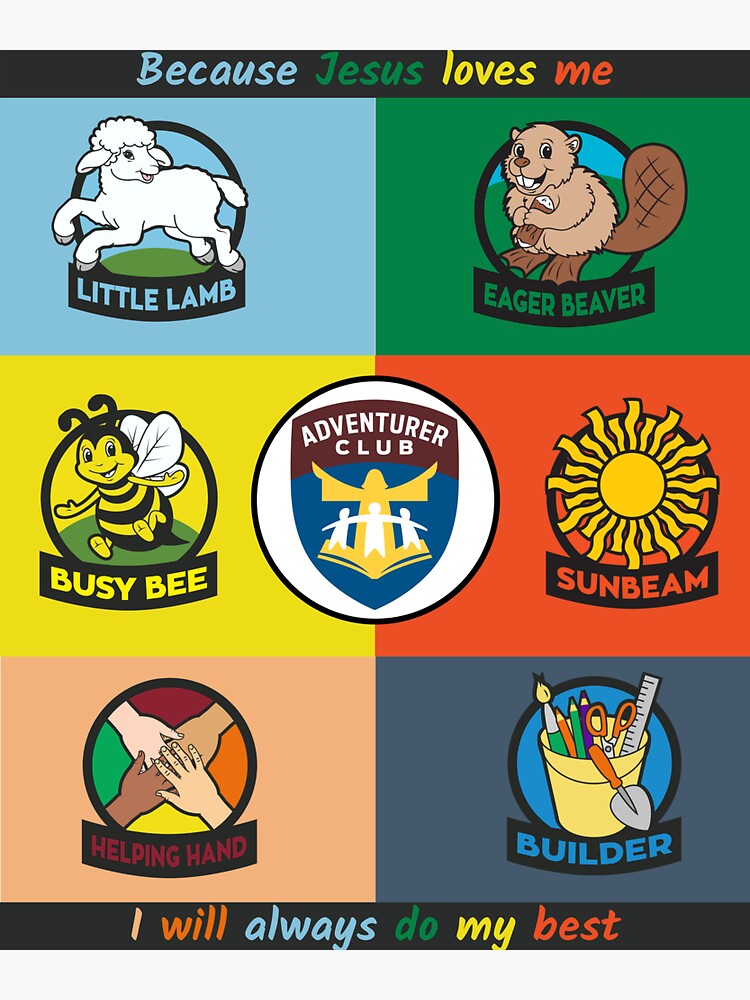 adventurer-club-colourful-poster-with-pledge-sticker-for-sale-by-kei