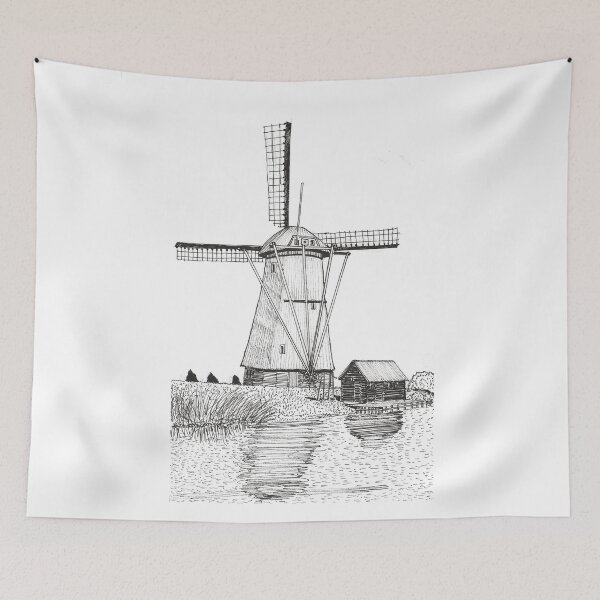 Item preview, Windmill Kinderdijk Netherlands Travel Art designed and sold by Wall-Art-Sketch.