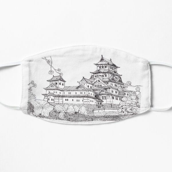 Osaka Castle Japan Pen and Ink Illustration Flat Mask