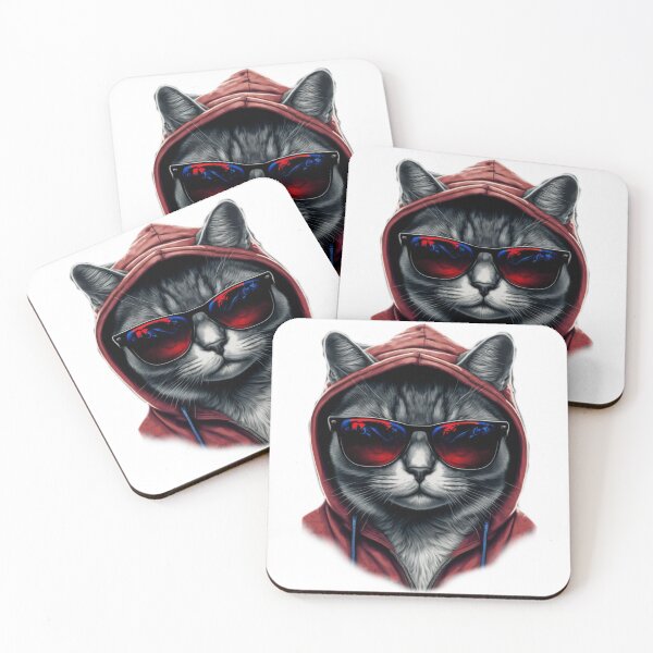 Artikelvorschau, Katze mit rotem Hoodie und Sonnenbrille entworfen und verkauft von RayFineArt.