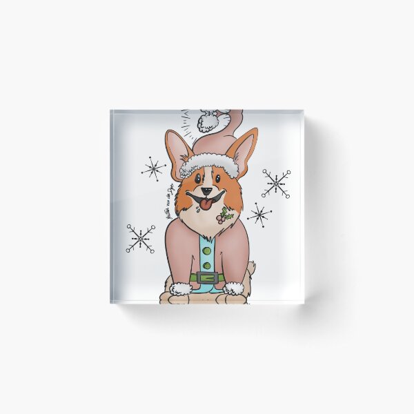 Vintage Pink Santa Corgi on White Acrylic Block