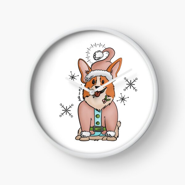 Vintage Pink Santa Corgi on White Clock