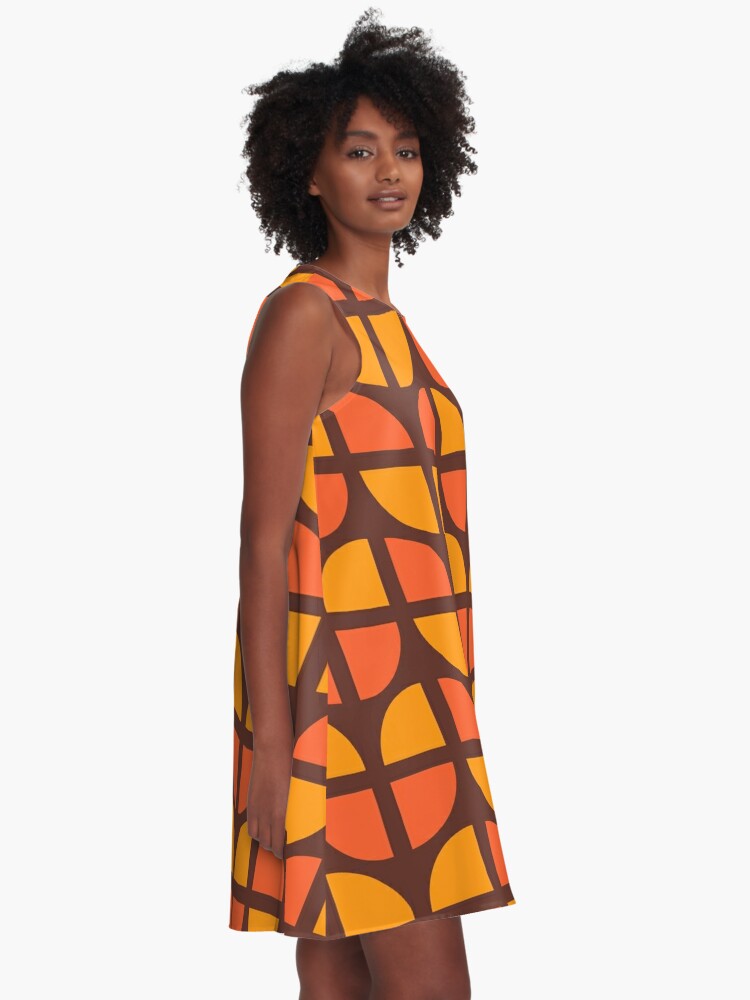70s Retro Vintage Style Geometric Pattern Orange Yellow and Brown A-Line  Dress for Sale by tonymagnerart