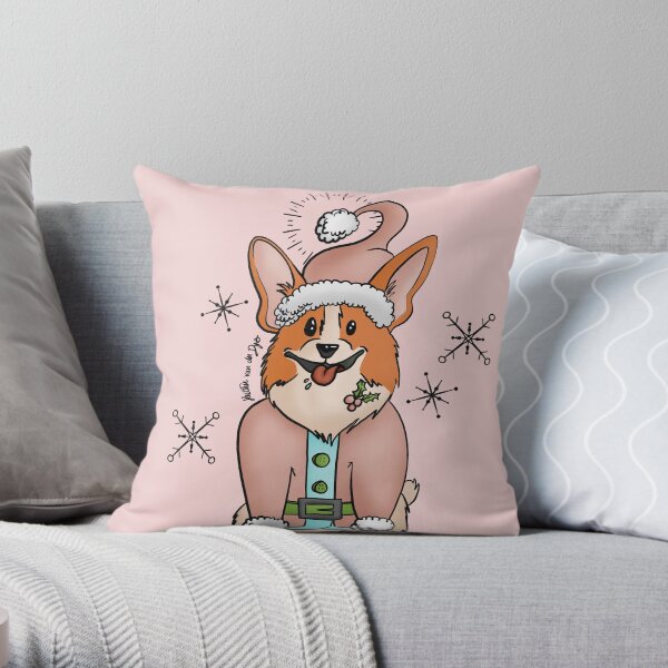 Vintage Pink Santa Corgi on pink Throw Pillow