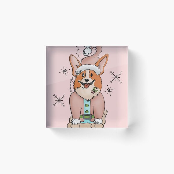 Vintage Pink Santa Corgi on pink Acrylic Block
