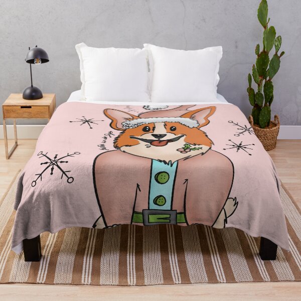 Vintage Pink Santa Corgi on pink Throw Blanket