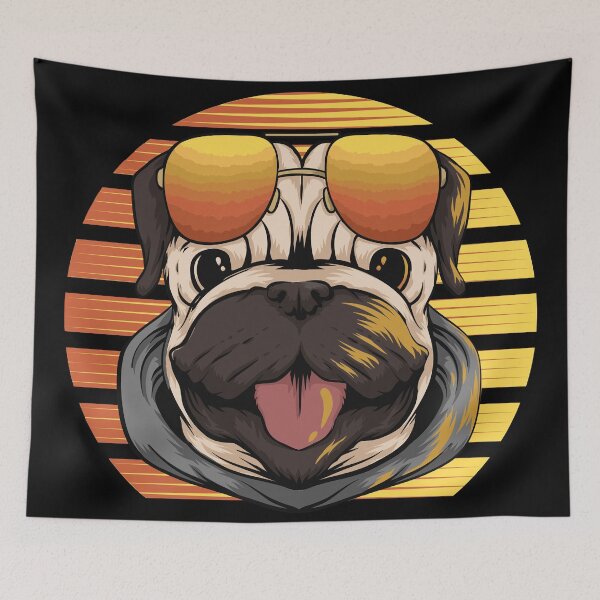 Artikelvorschau, Retro-Mops-Hund im Sonnenunterganghintergrund. entworfen und verkauft von Vivian  Chan.