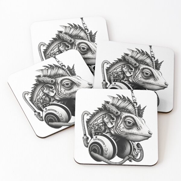 Item preview, Strange-But-Cool, Black & White Music-Cyborg Lizard/Chameleon in Headphones designed and sold by Styxiann.