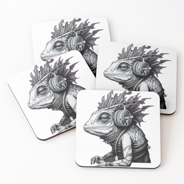 Item preview, Black & White Music-Cyborg Lizard/Chameleon With A Crazy Hairstyle in Headphones designed and sold by Styxiann.