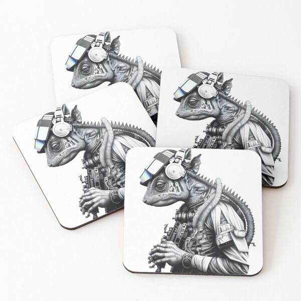 Item preview, Depressed Looking Black & White Cyborg Lizard/Chameleon Wearing Headphones designed and sold by Styxiann.