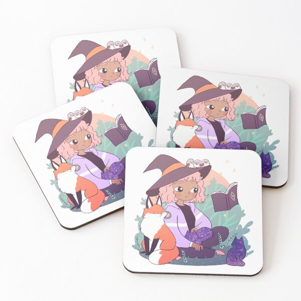 Item preview, witch with a floating book and animal friends illustration- fox space cats and zebra finch  designed and sold by Yarafantasyart.