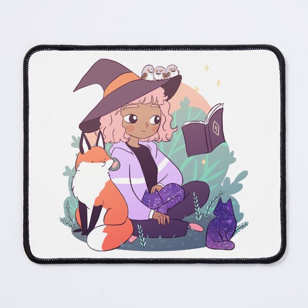 Item preview, witch with a floating book and animal friends illustration- fox space cats and zebra finch designed and sold by Yarafantasyart.