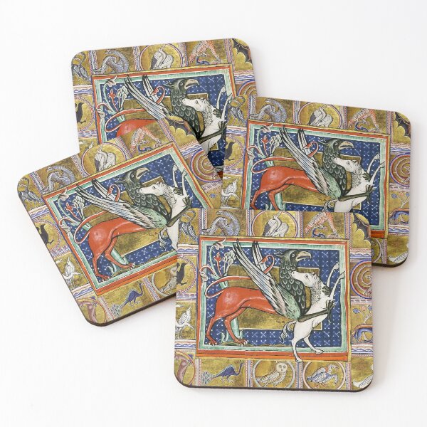Item preview, MEDIEVAL BESTIARY,RED GRYPHON AND WHITE HORSE, FANTASTIC ANIMALS IN GOLD BLUE COLORS designed and sold by BulganLumini.