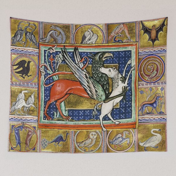 Item preview, MEDIEVAL BESTIARY,RED GRYPHON AND WHITE HORSE, FANTASTIC ANIMALS IN GOLD BLUE COLORS designed and sold by BulganLumini.