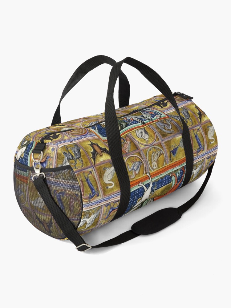 Duffle Bag, MEDIEVAL BESTIARY,RED GRYPHON AND WHITE HORSE, FANTASTIC ANIMALS IN GOLD BLUE COLORS designed and sold by BulganLumini