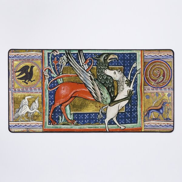Item preview, MEDIEVAL BESTIARY,RED GRYPHON AND WHITE HORSE, FANTASTIC ANIMALS IN GOLD BLUE COLORS designed and sold by BulganLumini.