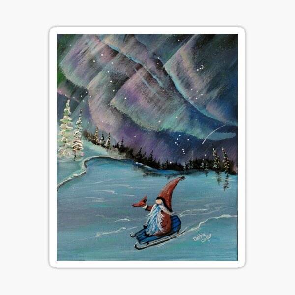 Gnome and Cardinal Sledding under Aurora Sticker