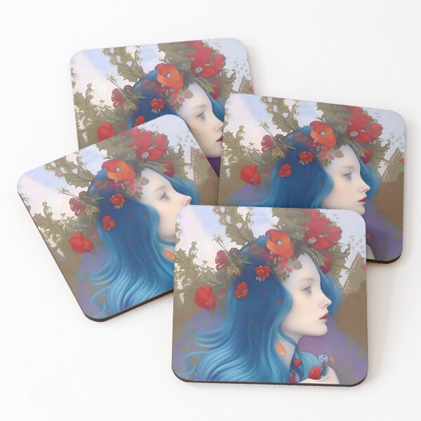 Item preview, Wicked cool blue haired pretty girl goddess of flowers red poppies designed and sold by ZiolaRosa.