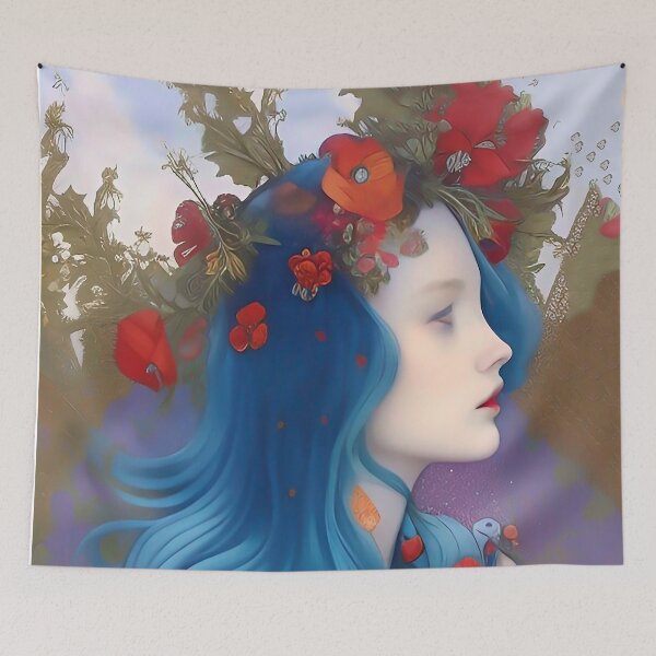 Item preview, Wicked cool blue haired pretty girl goddess of flowers red poppies designed and sold by ZiolaRosa.