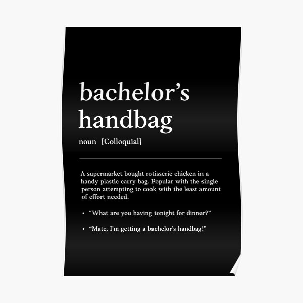 "Bachelor's Handbag White on Black Funny Australian slang, phrase
