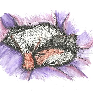 Artwork thumbnail, Dachshund sleeping on purple. Shy sausage dog, doxie, weiner, illustration by CandyMedusa