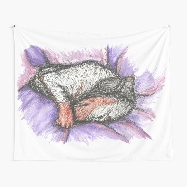 Dachshund sleeping on purple. Shy sausage dog, doxie, weiner, illustration Tapestry