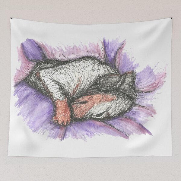 Item preview, Dachshund sleeping on purple. Shy sausage dog, doxie, weiner, illustration designed and sold by CandyMedusa.